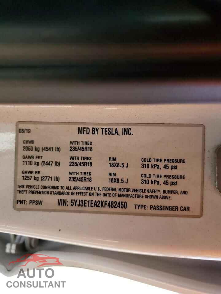 TESLA MODEL 3 2019 - 5YJ3E1EA2KF482450