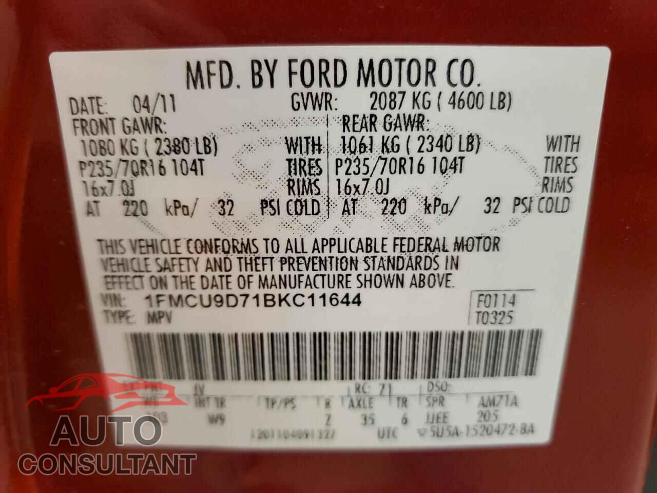 FORD ESCAPE 2011 - 1FMCU9D71BKC11644