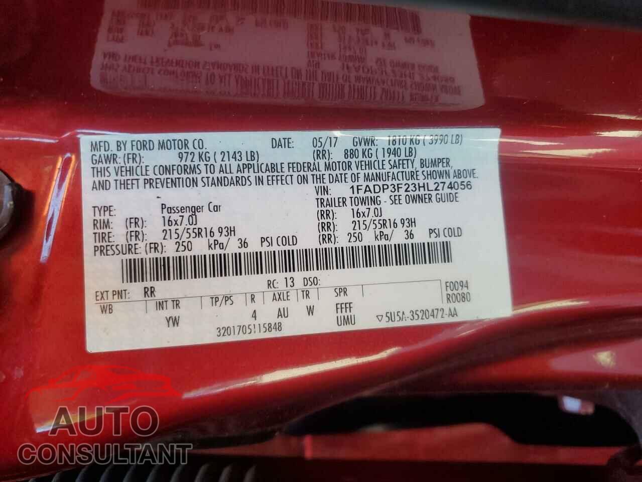 FORD FOCUS 2017 - 1FADP3F23HL274056