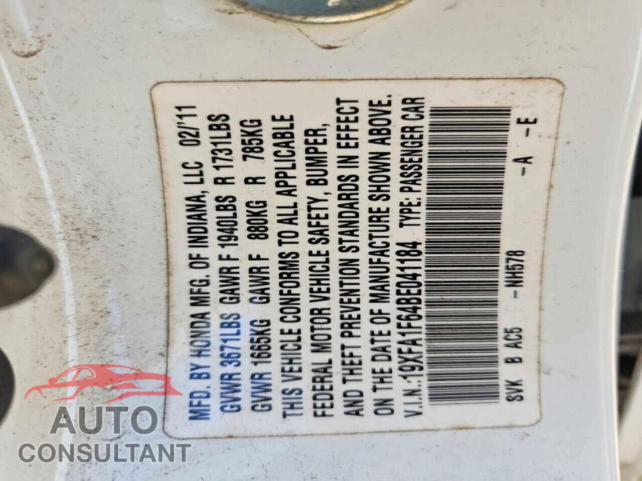 HONDA CIVIC 2011 - 19XFA1F64BE041184