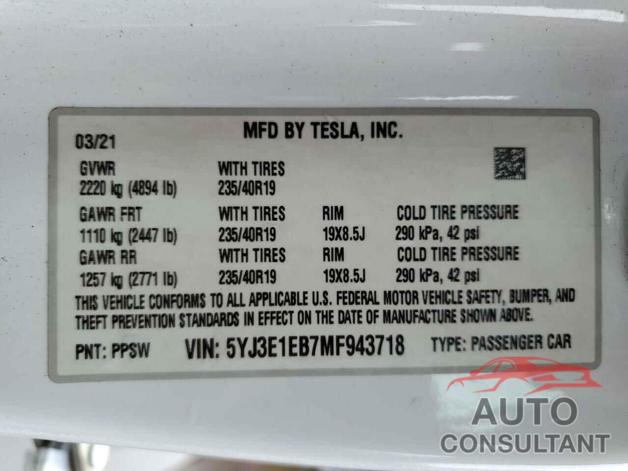 TESLA MODEL 3 2021 - 5YJ3E1EB7MF943718