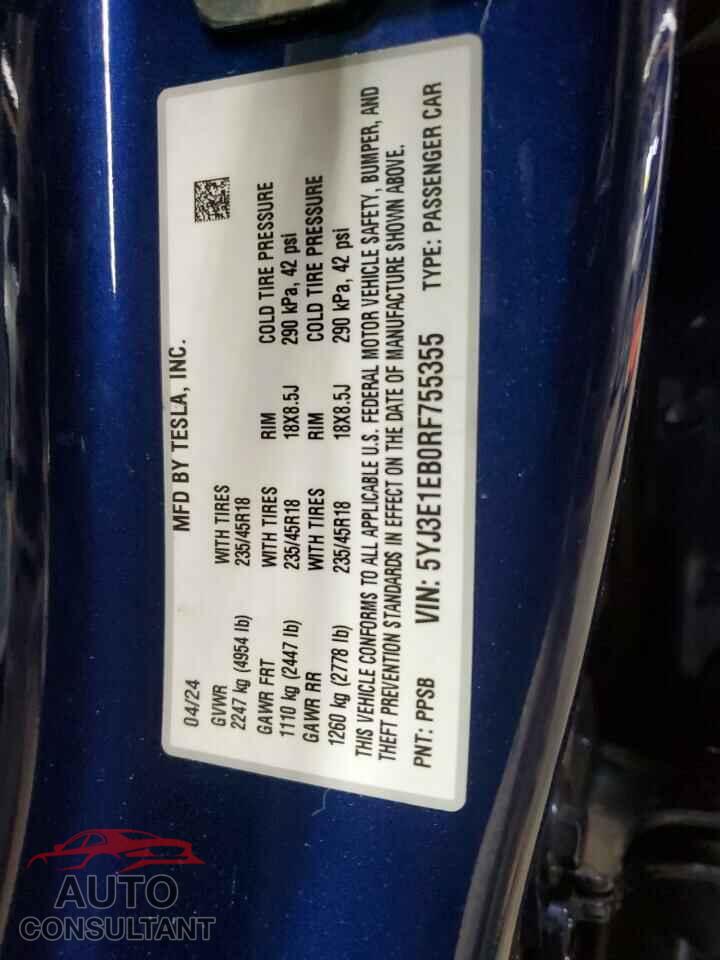 TESLA MODEL 3 2024 - 5YJ3E1EB0RF755355