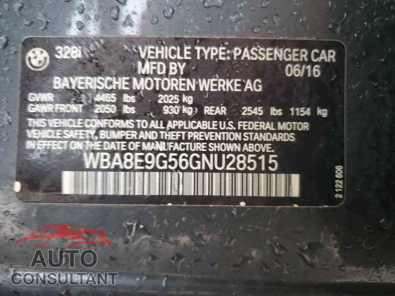 BMW 3 SERIES 2016 - WBA8E9G56GNU28515