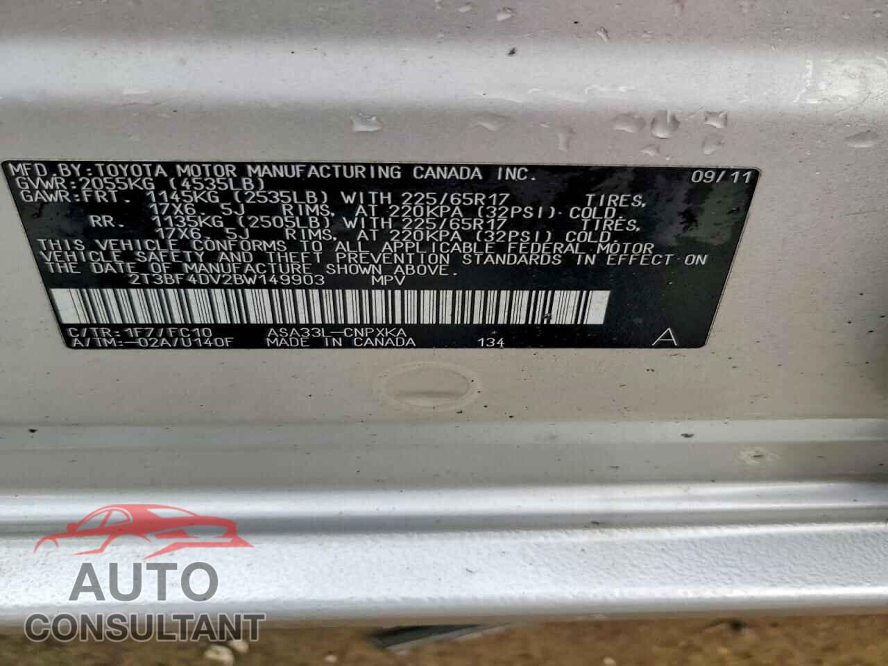 TOYOTA RAV4 2011 - 2T3BF4DV2BW149903
