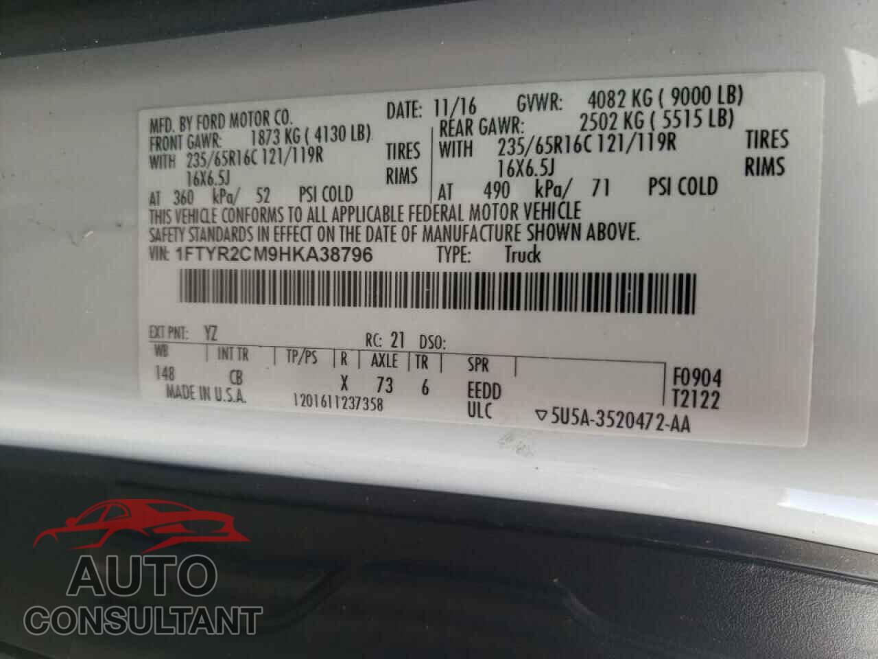 FORD TRANSIT 2017 - 1FTYR2CM9HKA38796