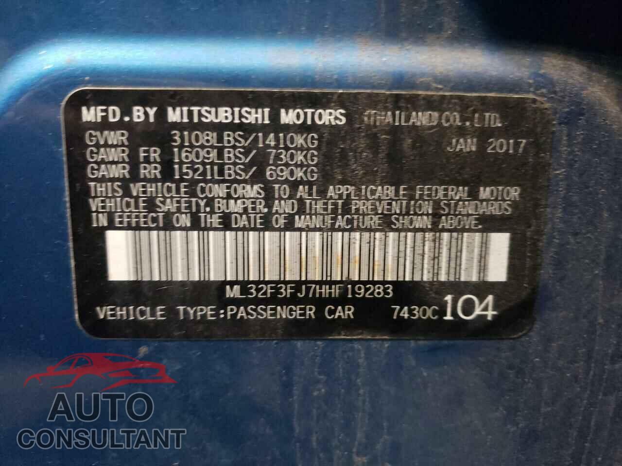 MITSUBISHI MIRAGE 2017 - ML32F3FJ7HHF19283