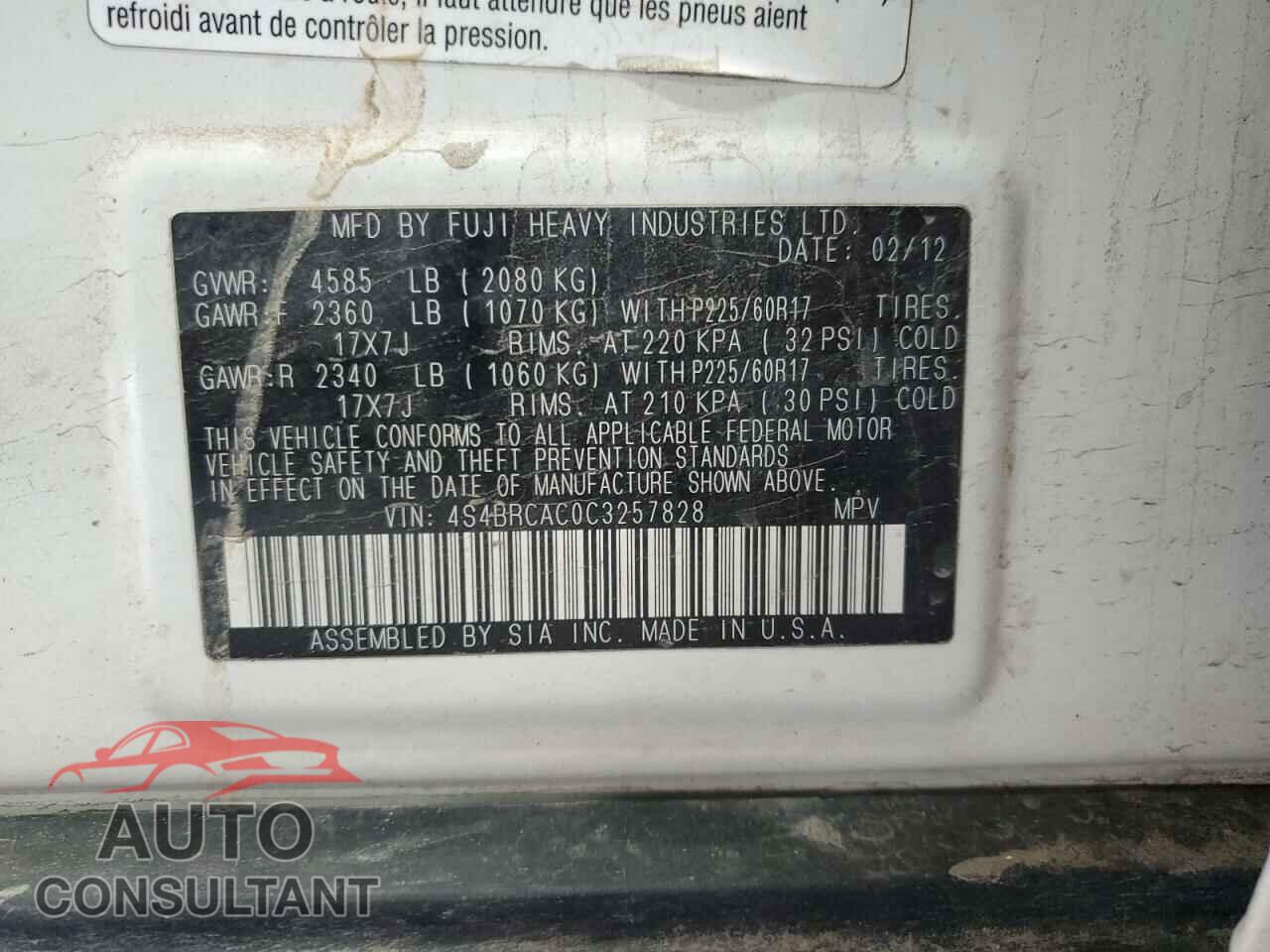 SUBARU OUTBACK 2012 - 4S4BRCAC0C3257828