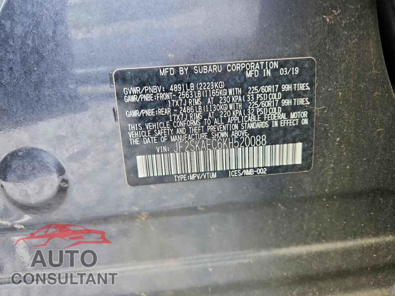 SUBARU FORESTER 2019 - JF2SKAEC6KH520088