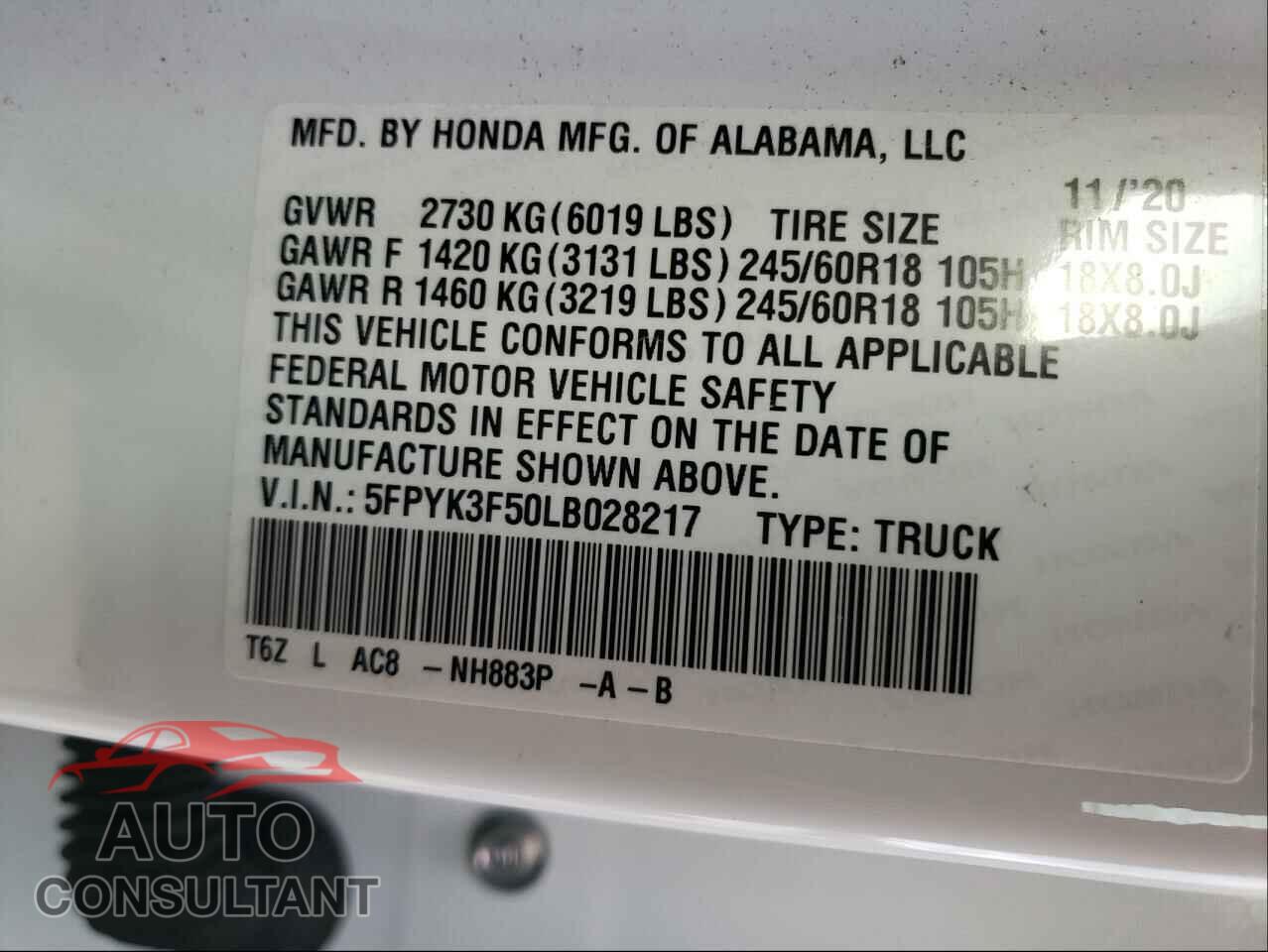 HONDA RIDGELINE 2020 - 5FPYK3F50LB028217