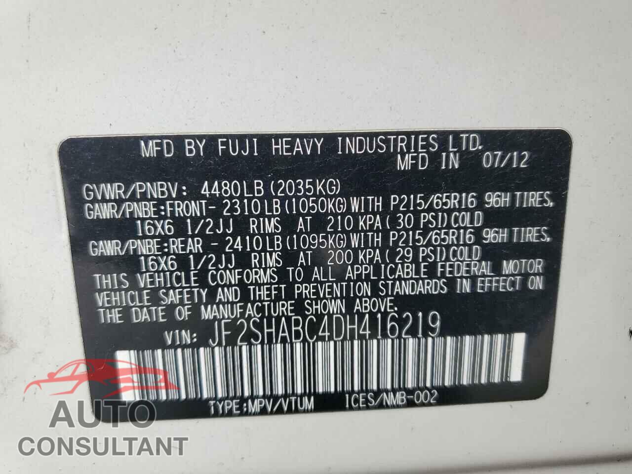 SUBARU FORESTER 2013 - JF2SHABC4DH416219