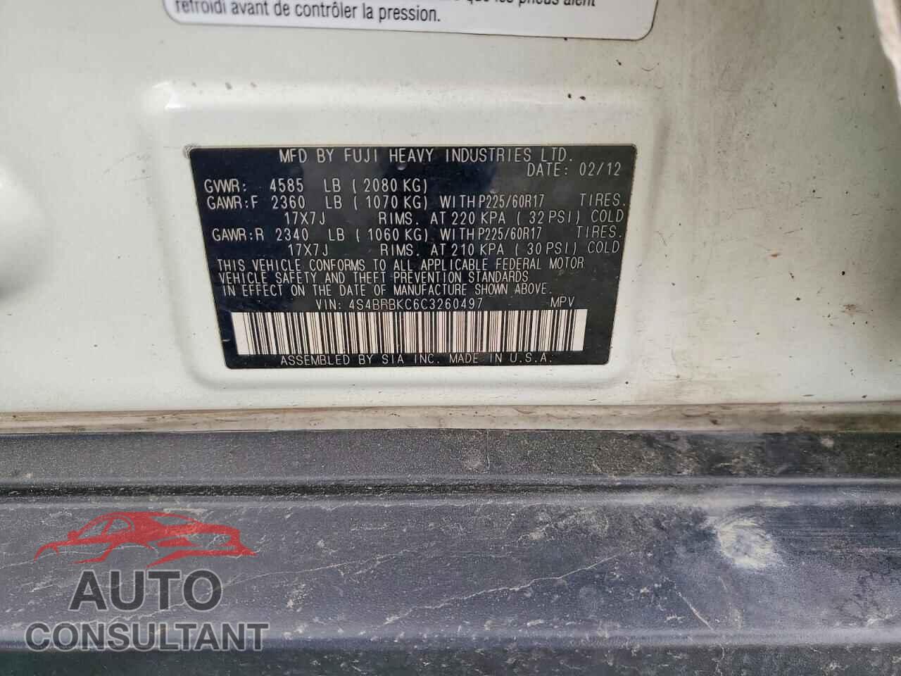 SUBARU OUTBACK 2012 - 4S4BRBKC6C3260497