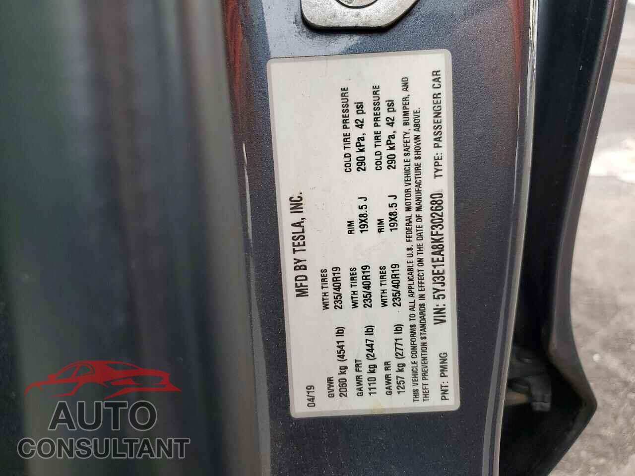 TESLA MODEL 3 2019 - 5YJ3E1EA8KF302680
