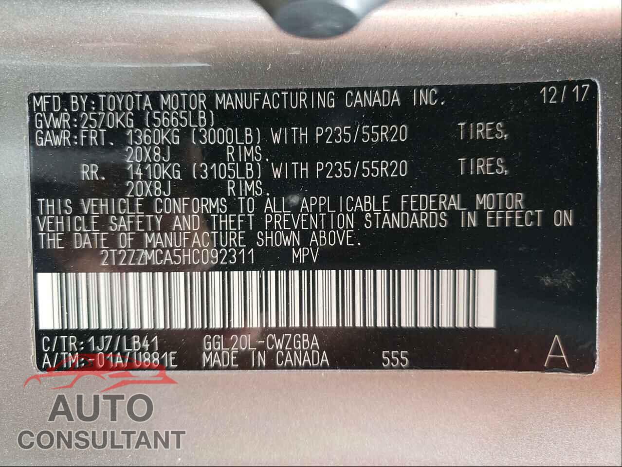 LEXUS RX350 2017 - 2T2ZZMCA5HC092311