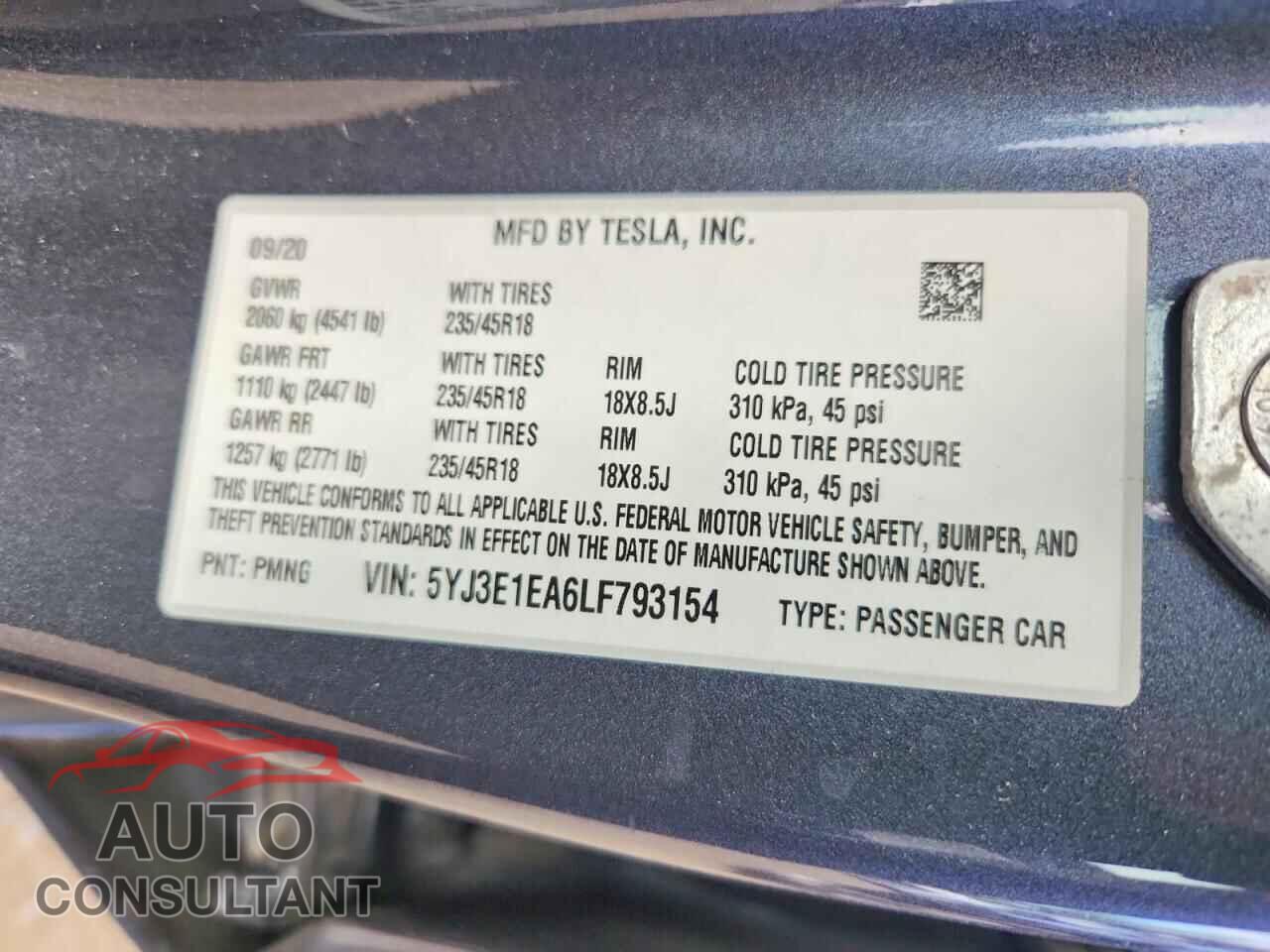 TESLA MODEL 3 2020 - 5YJ3E1EA6LF793154