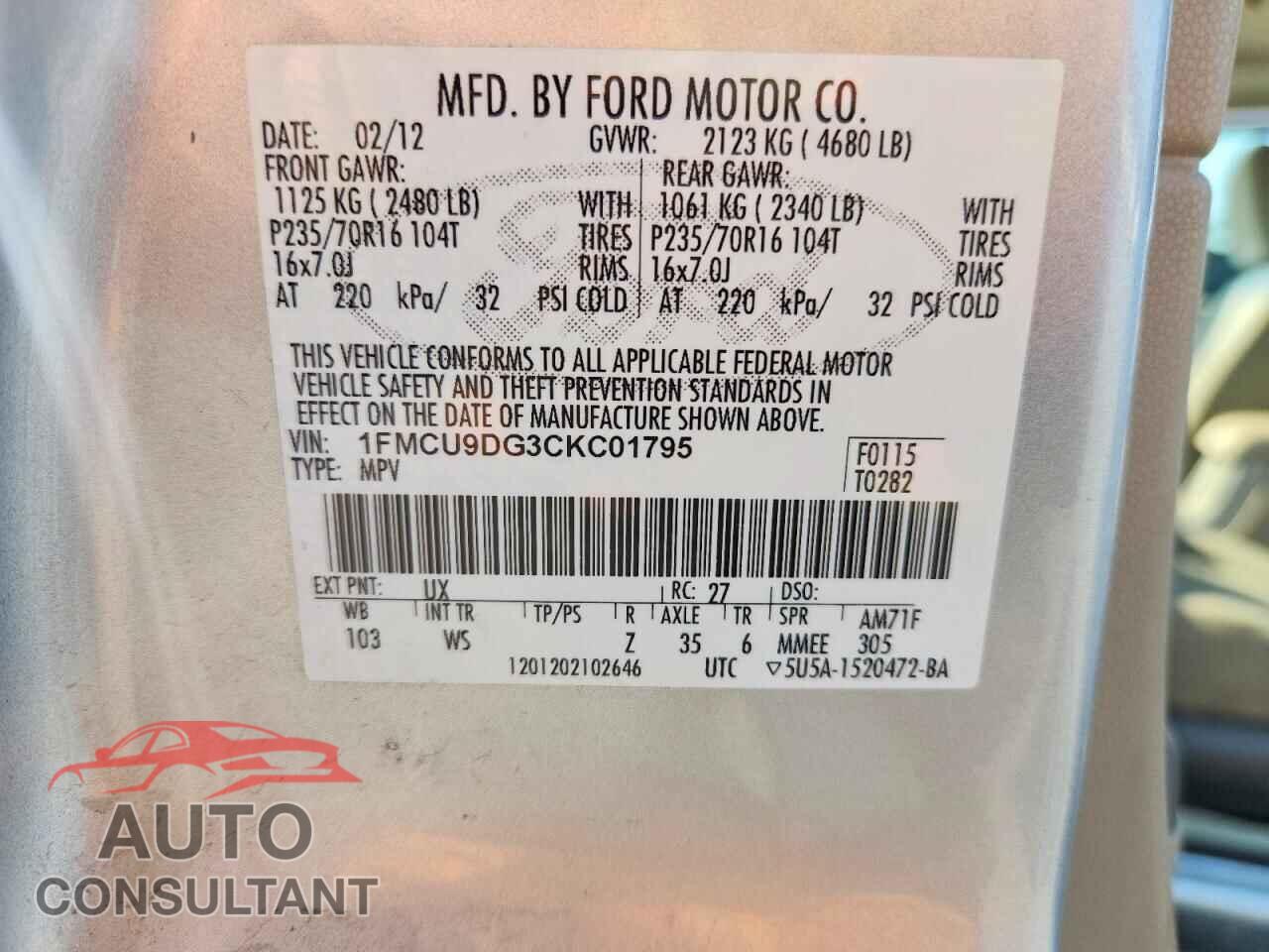 FORD ESCAPE 2012 - 1FMCU9DG3CKC01795