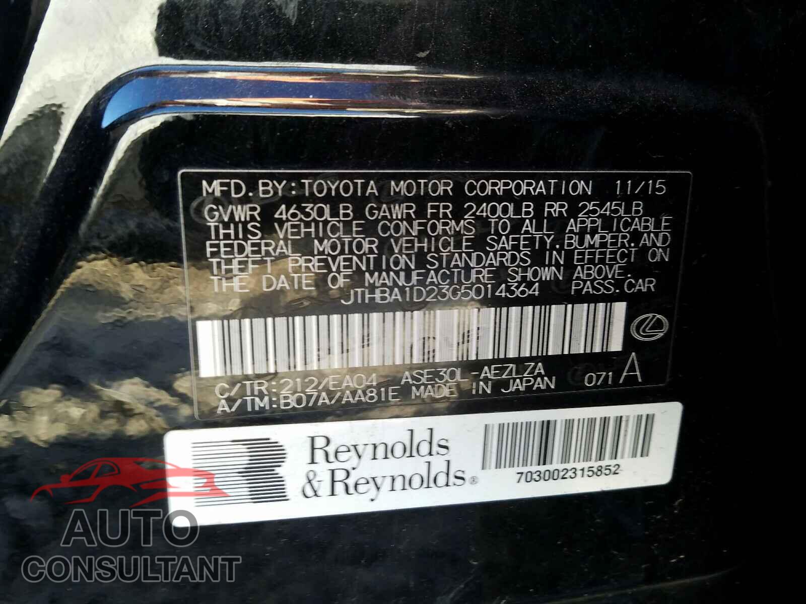 LEXUS IS 2016 - JTHBA1D23G5014364