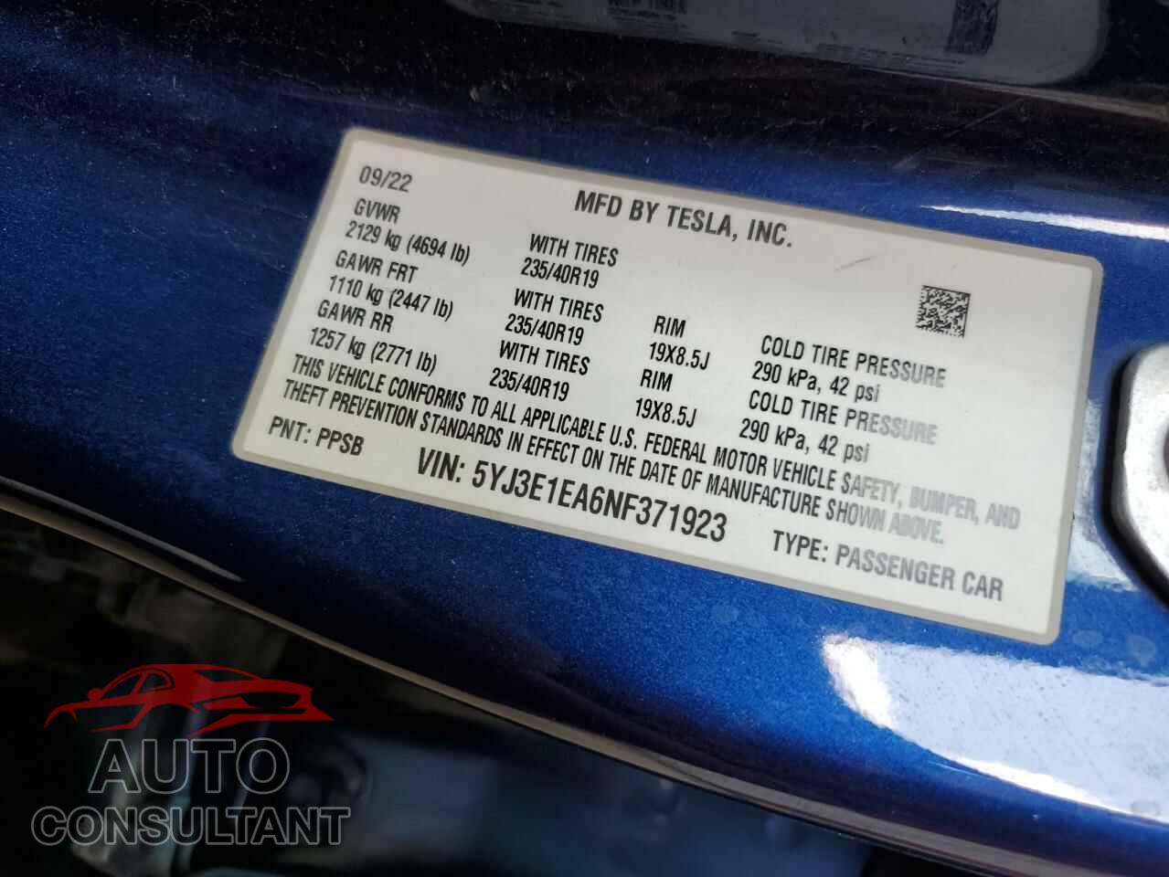 TESLA MODEL 3 2022 - 5YJ3E1EA6NF371923