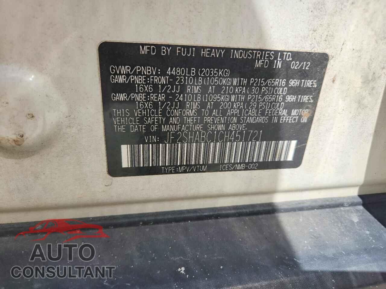 SUBARU FORESTER 2012 - JF2SHABC1CH451721