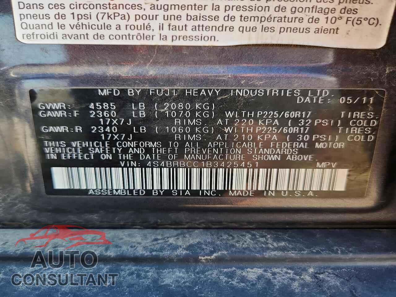 SUBARU OUTBACK 2011 - 4S4BRBCC1B3425451