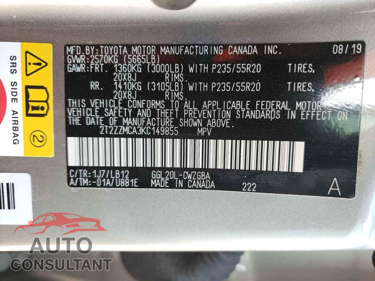 LEXUS RX350 2019 - 2T2ZZMCA3KC149855