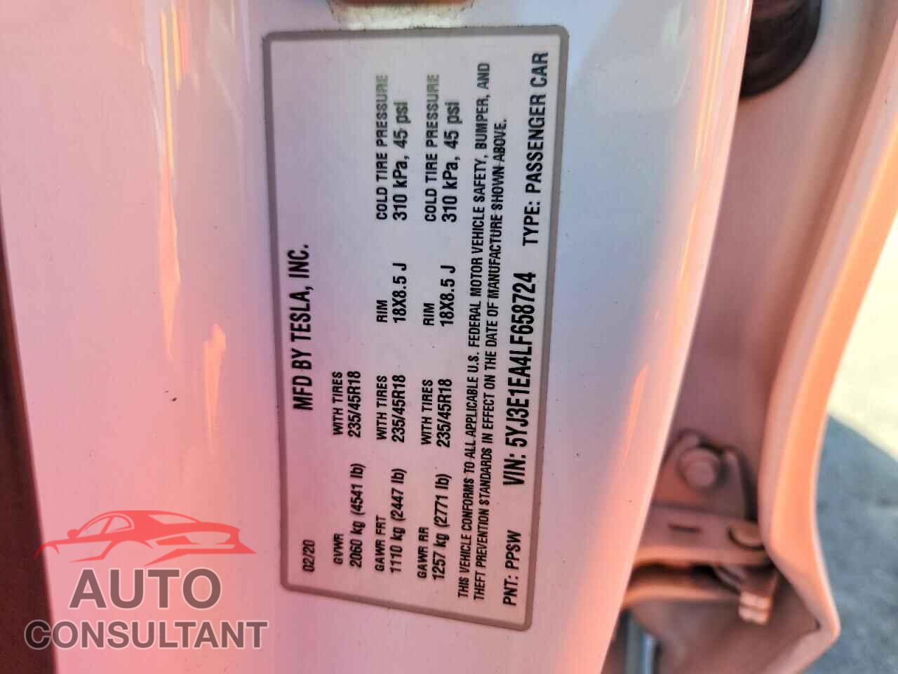 TESLA MODEL 3 2020 - 5YJ3E1EA4LF658724