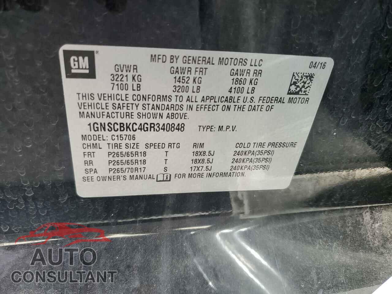 CHEVROLET TAHOE 2016 - 1GNSCBKC4GR340848