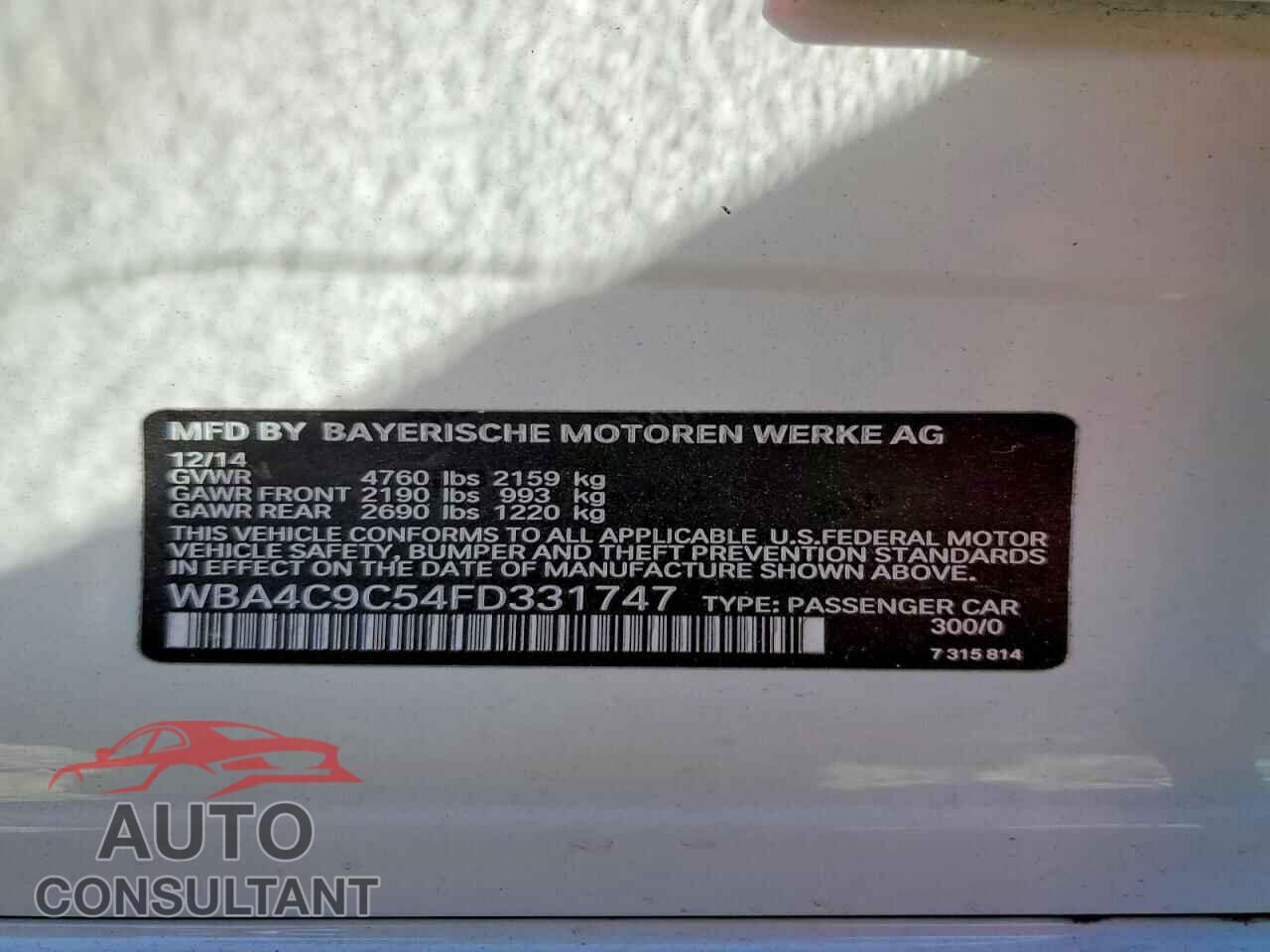 BMW 4 SERIES 2015 - WBA4C9C54FD331747