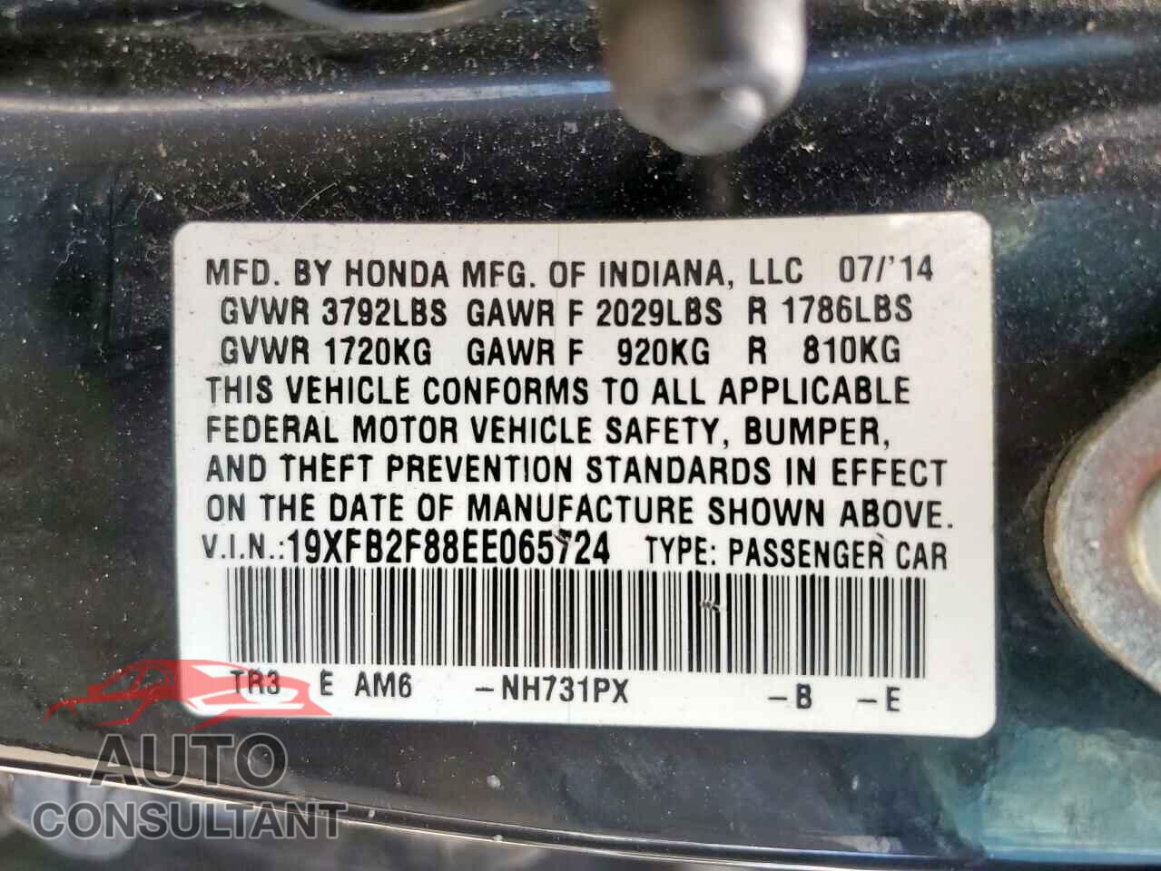 HONDA CIVIC 2014 - 19XFB2F88EE065724