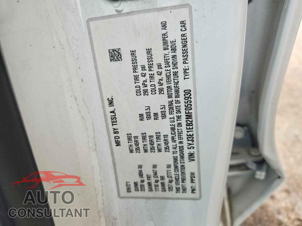 TESLA MODEL 3 2021 - 5YJ3E1EB2MF055930