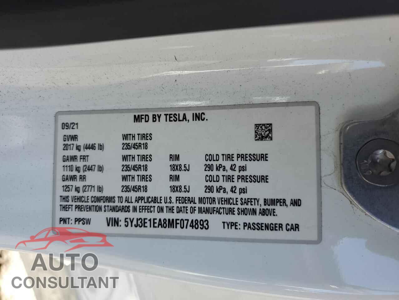 TESLA MODEL 3 2021 - 5YJ3E1EA8MF074893
