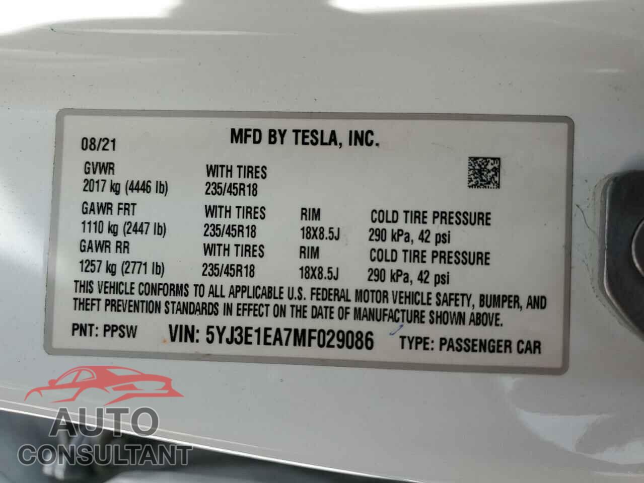 TESLA MODEL 3 2021 - 5YJ3E1EA7MF029086