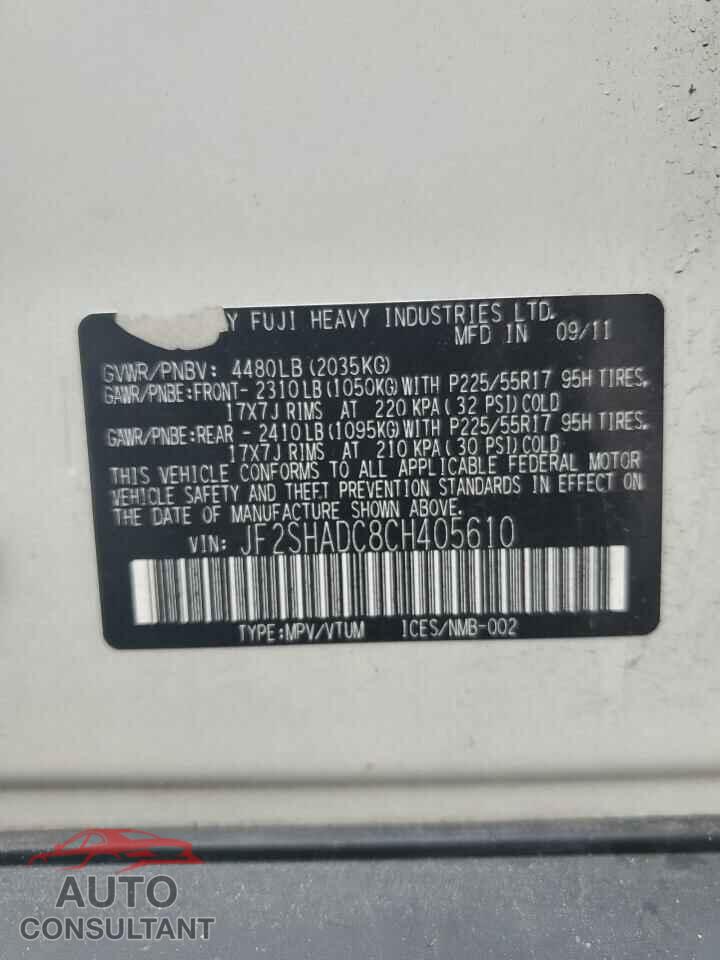 SUBARU FORESTER 2012 - JF2SHADC8CH405610