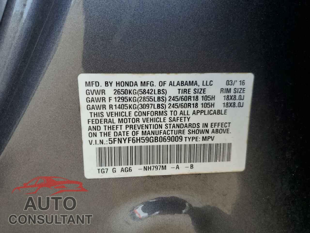 HONDA PILOT 2016 - 5FNYF6H59GB069009