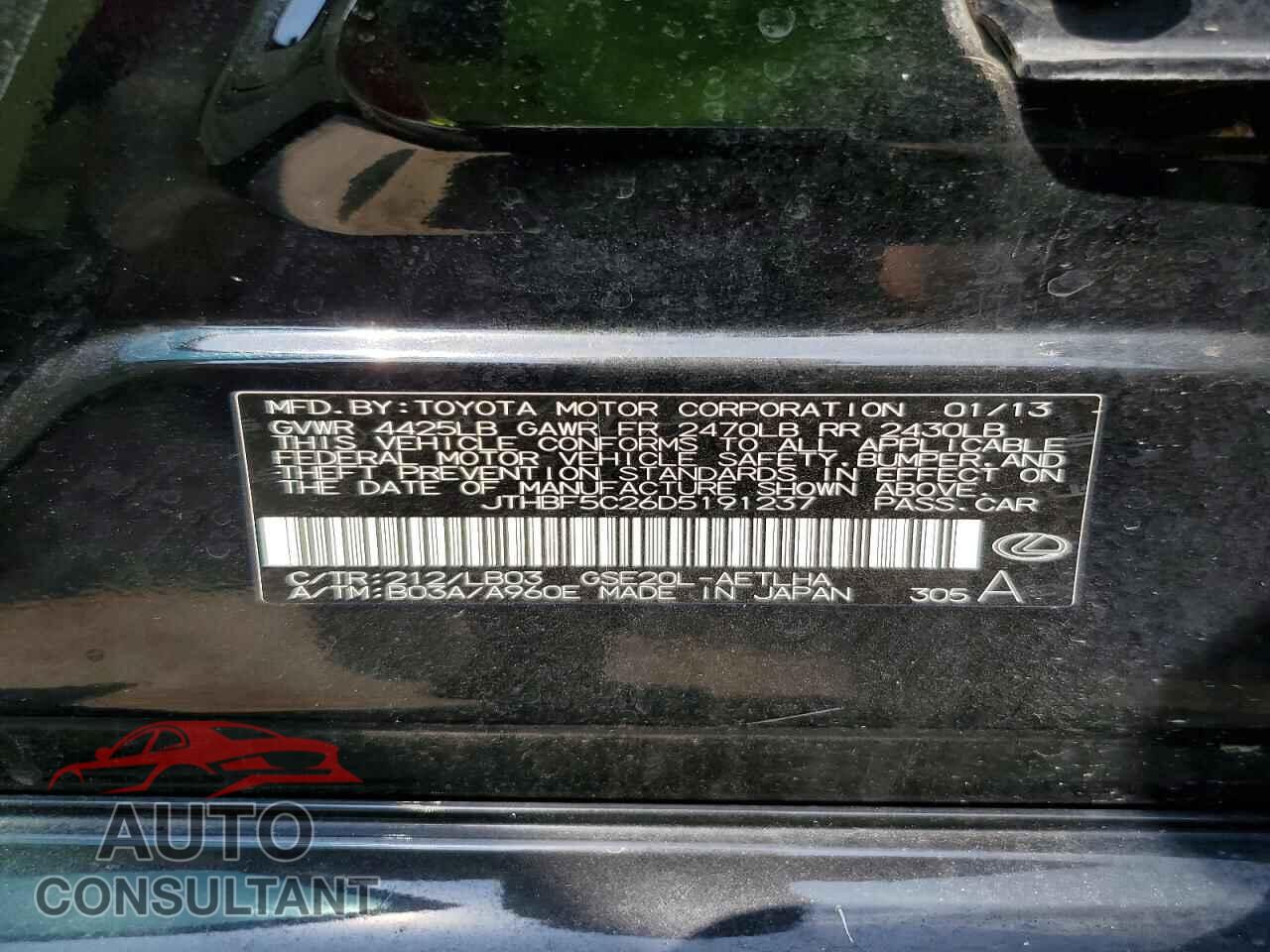 LEXUS IS 2013 - JTHBF5C26D5191237