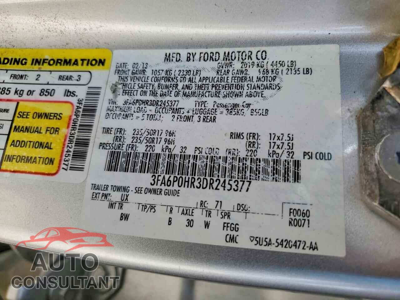 FORD FUSION 2013 - 3FA6P0HR3DR245377