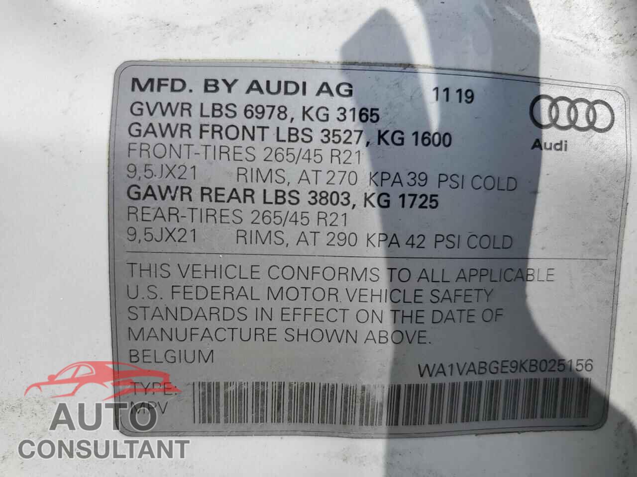 AUDI E-TRON 2019 - WA1VABGE9KB025156