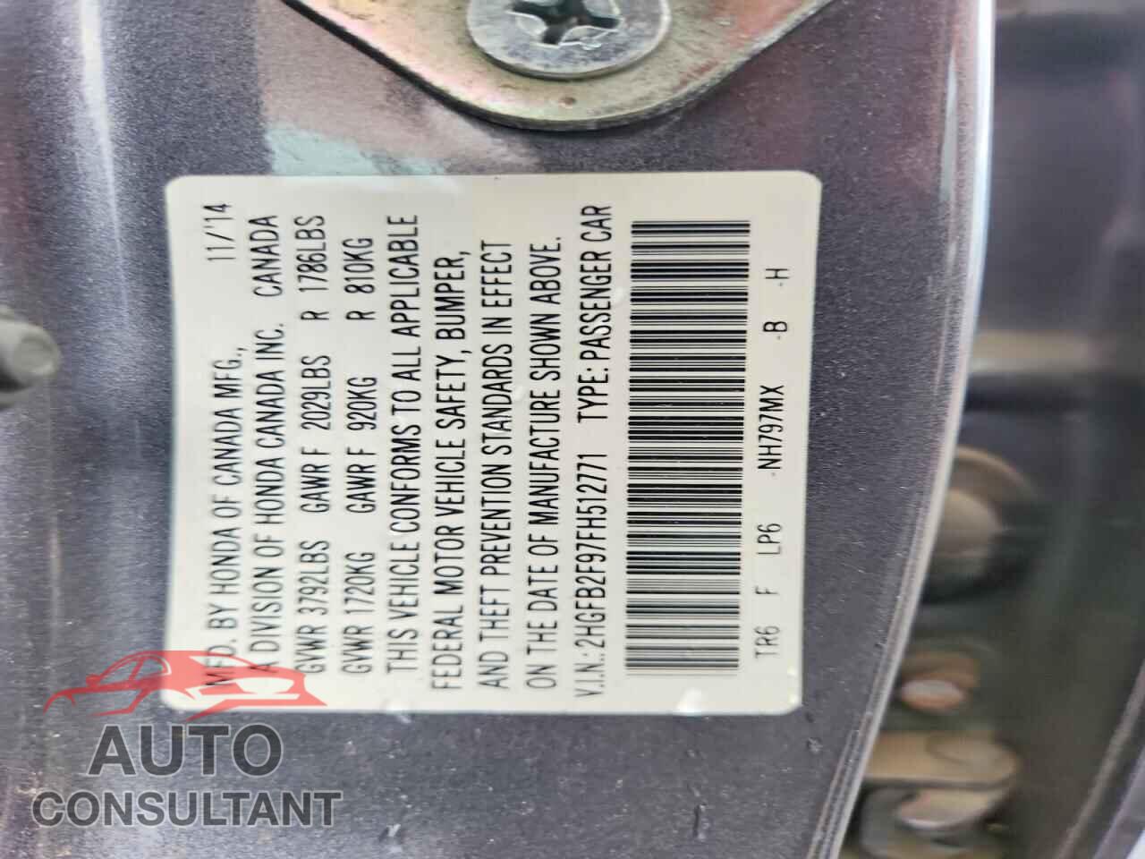 HONDA CIVIC 2015 - 2HGFB2F97FH512771