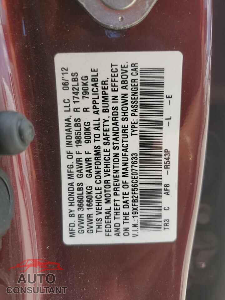 HONDA CIVIC 2012 - 19XFB2F56CE077633