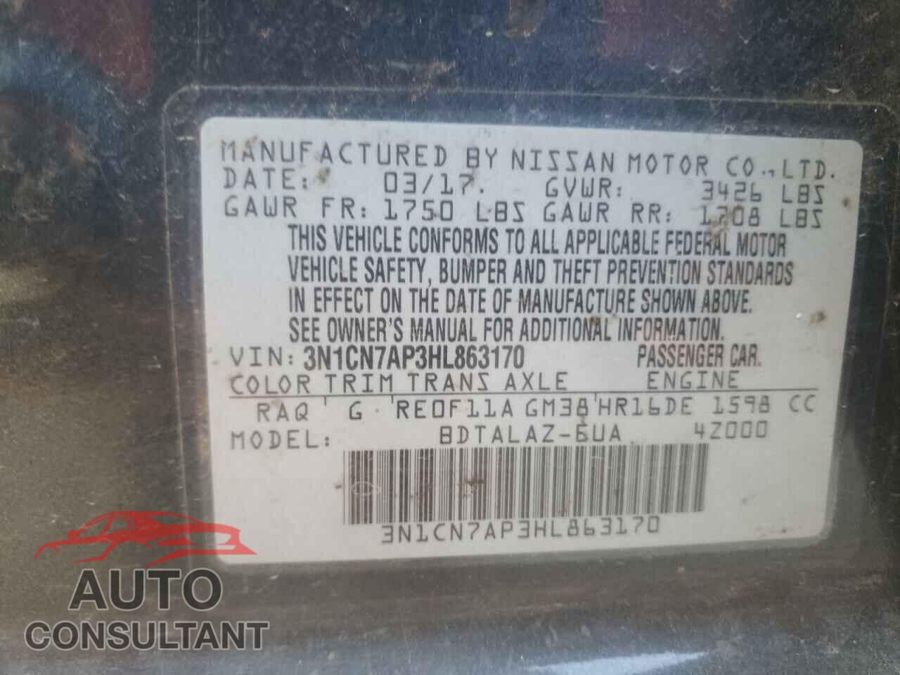 NISSAN VERSA 2017 - 3N1CN7AP3HL863170