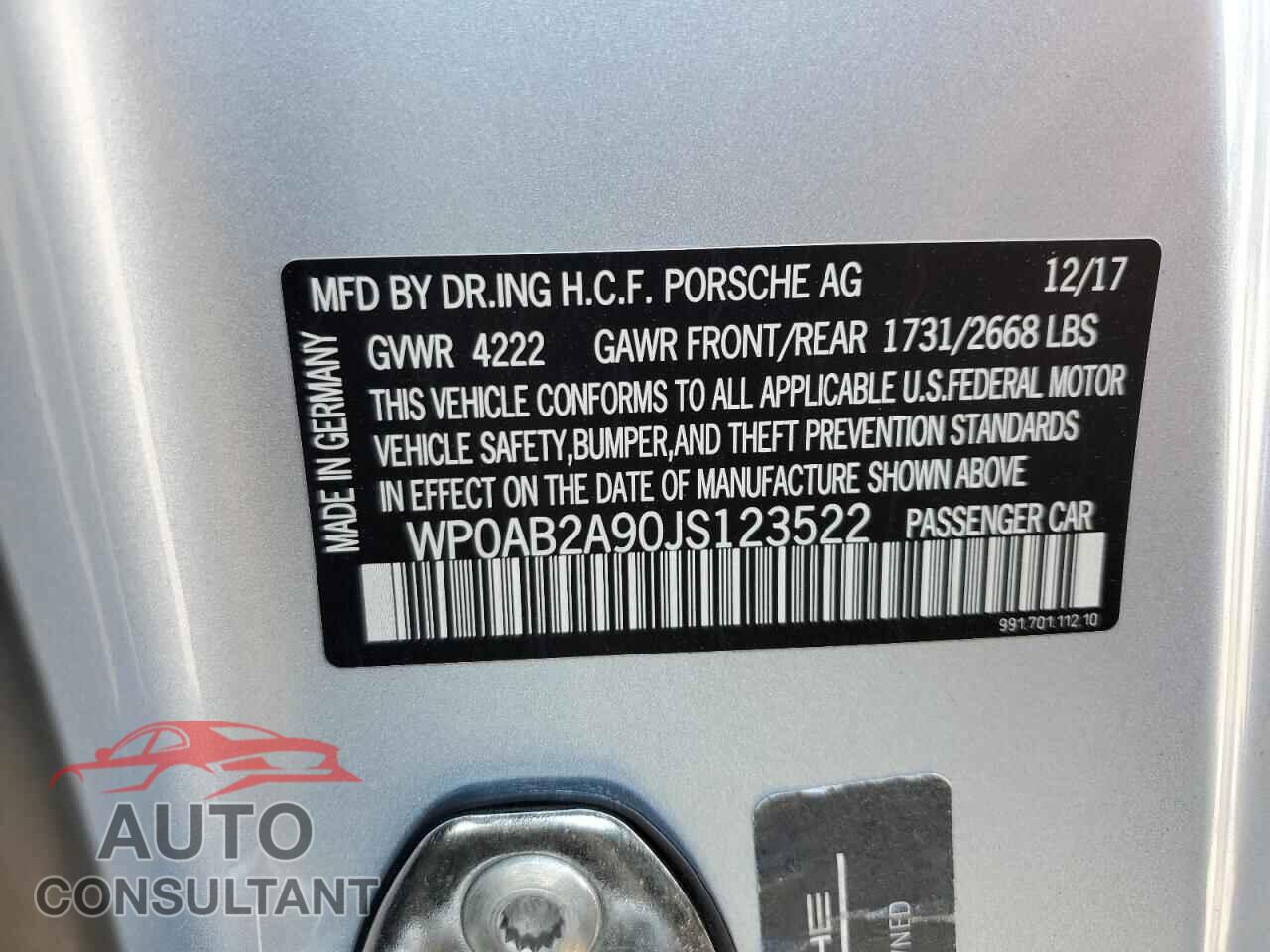 PORSCHE 911 2018 - WP0AB2A90JS123522