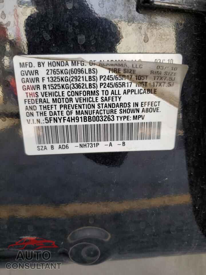 HONDA PILOT 2011 - 5FNYF4H91BB003263