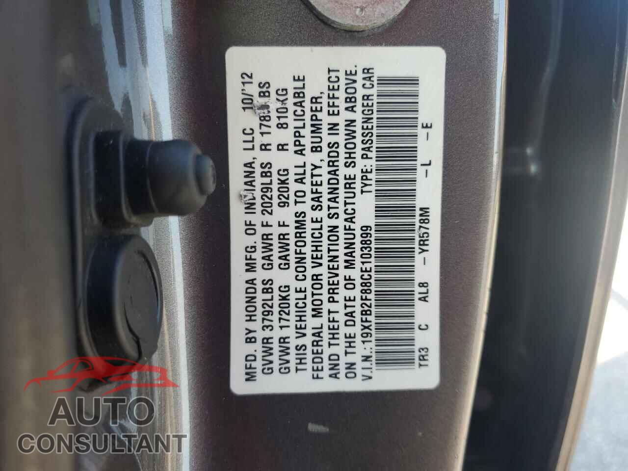HONDA CIVIC 2012 - 19XFB2F88CE103899
