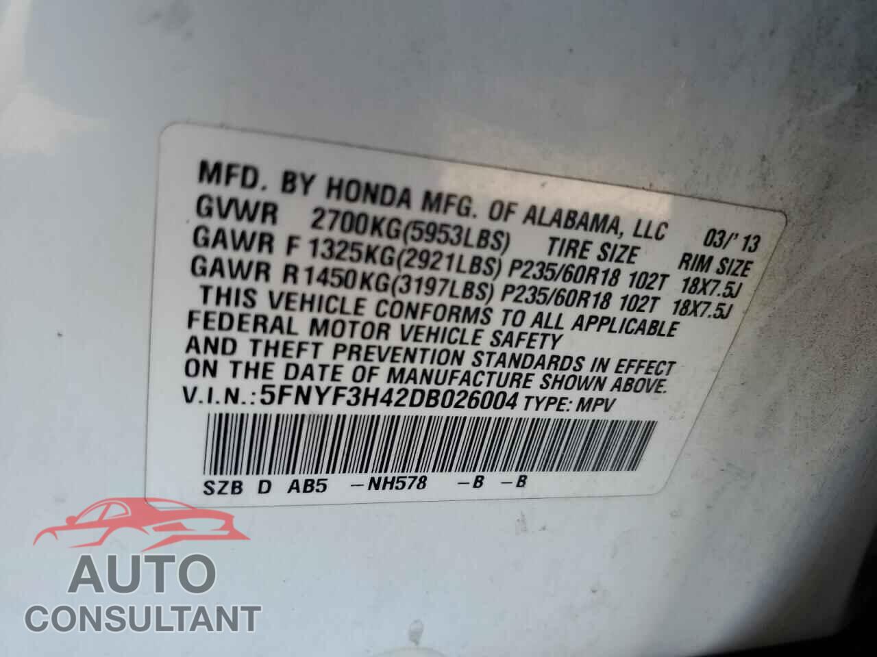 HONDA PILOT 2013 - 5FNYF3H42DB026004