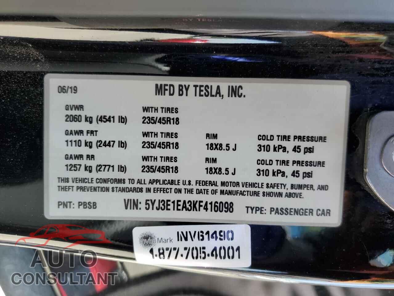 TESLA MODEL 3 2019 - 5YJ3E1EA3KF416098