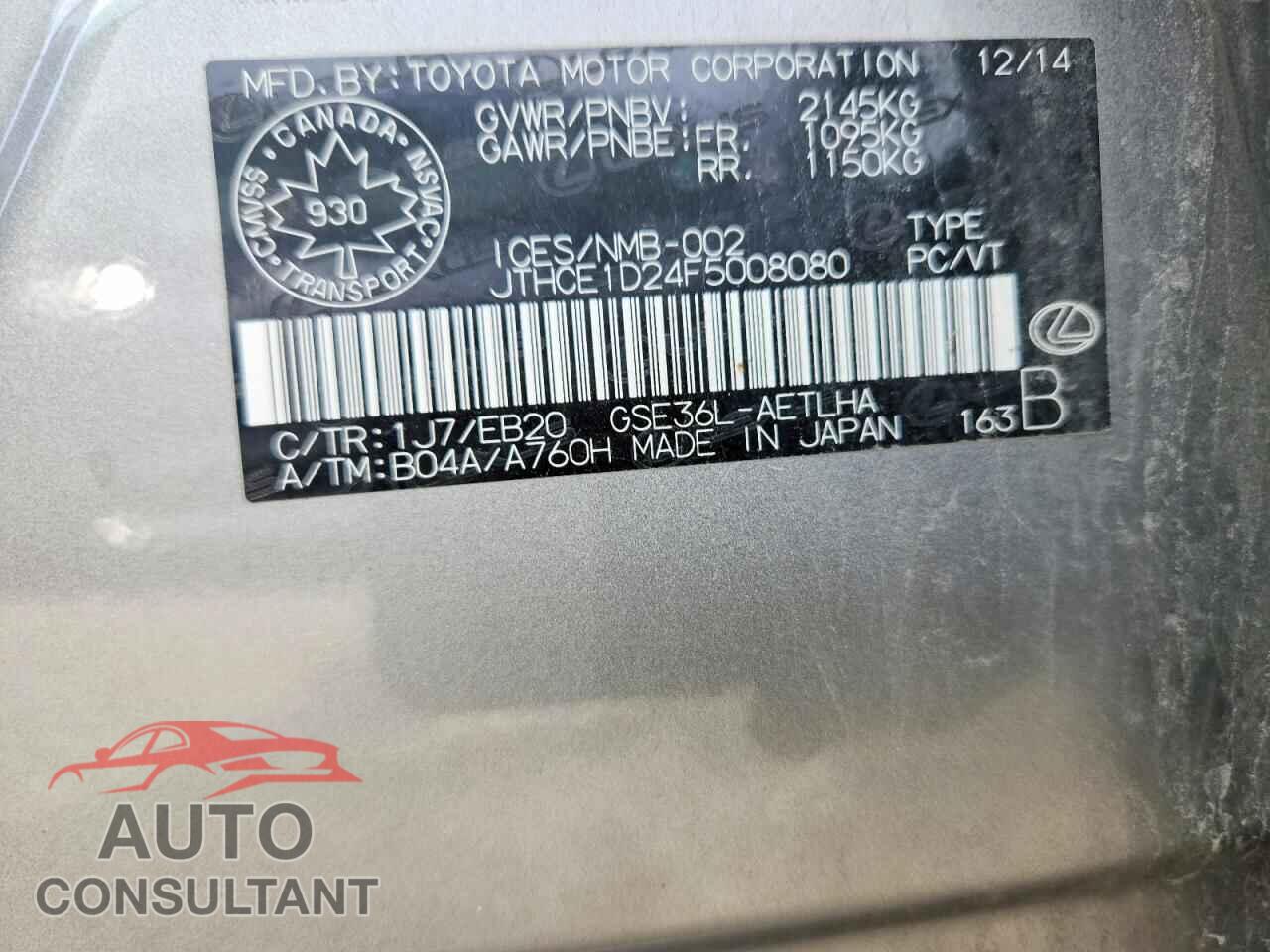 LEXUS IS 2015 - JTHCE1D24F5008080