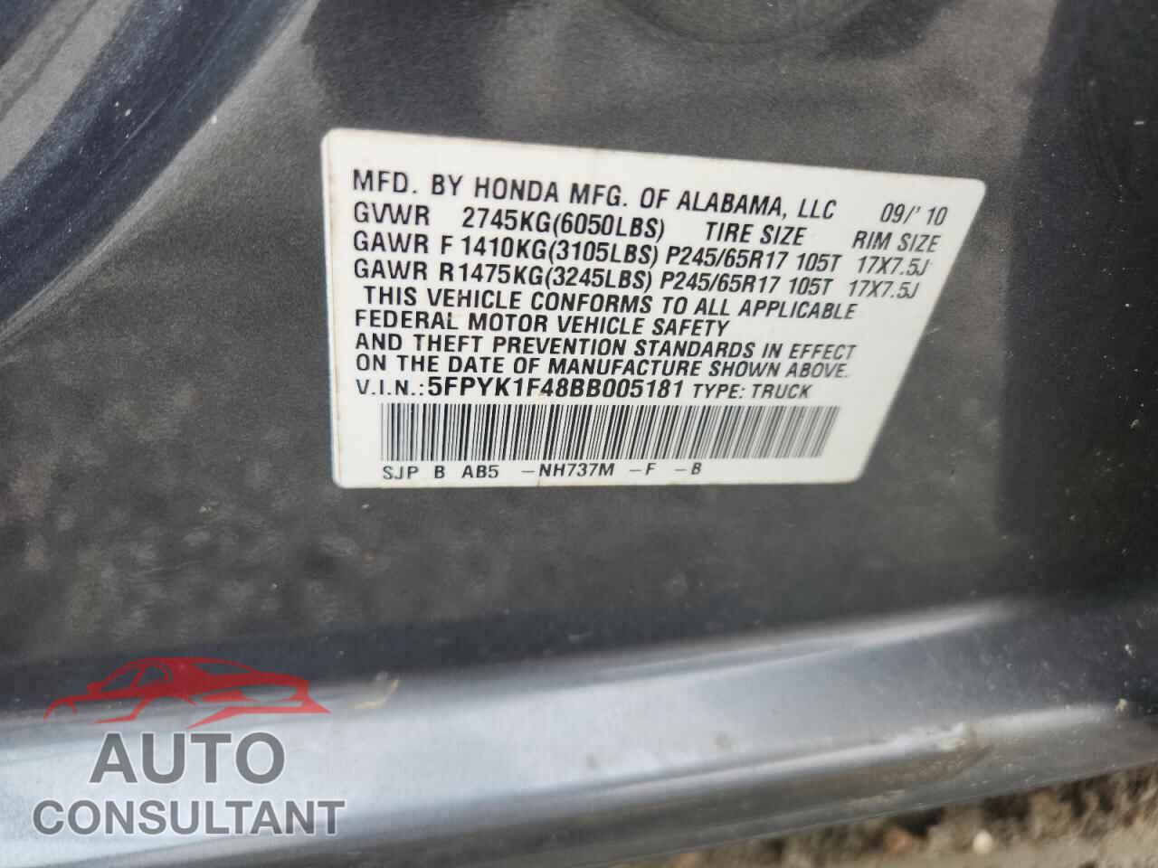 HONDA RIDGELINE 2011 - 5FPYK1F48BB005181