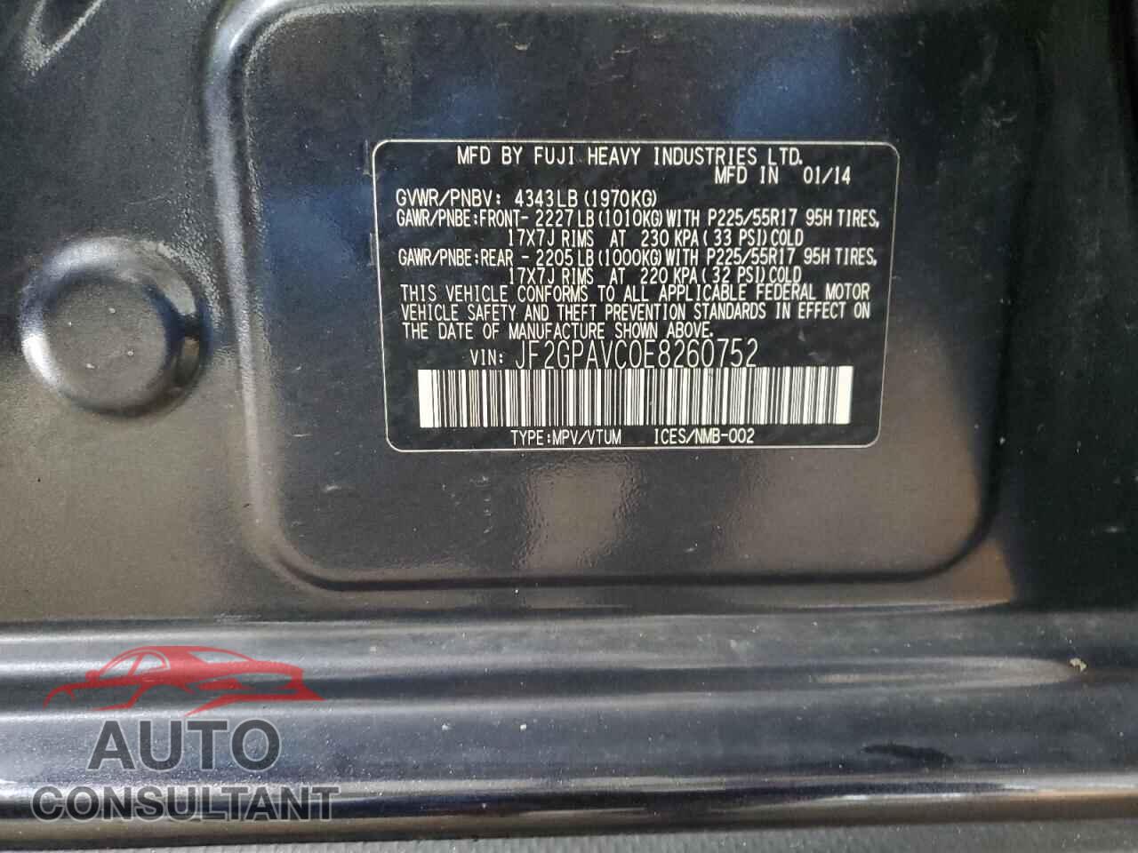 SUBARU XV 2014 - JF2GPAVC0E8260752