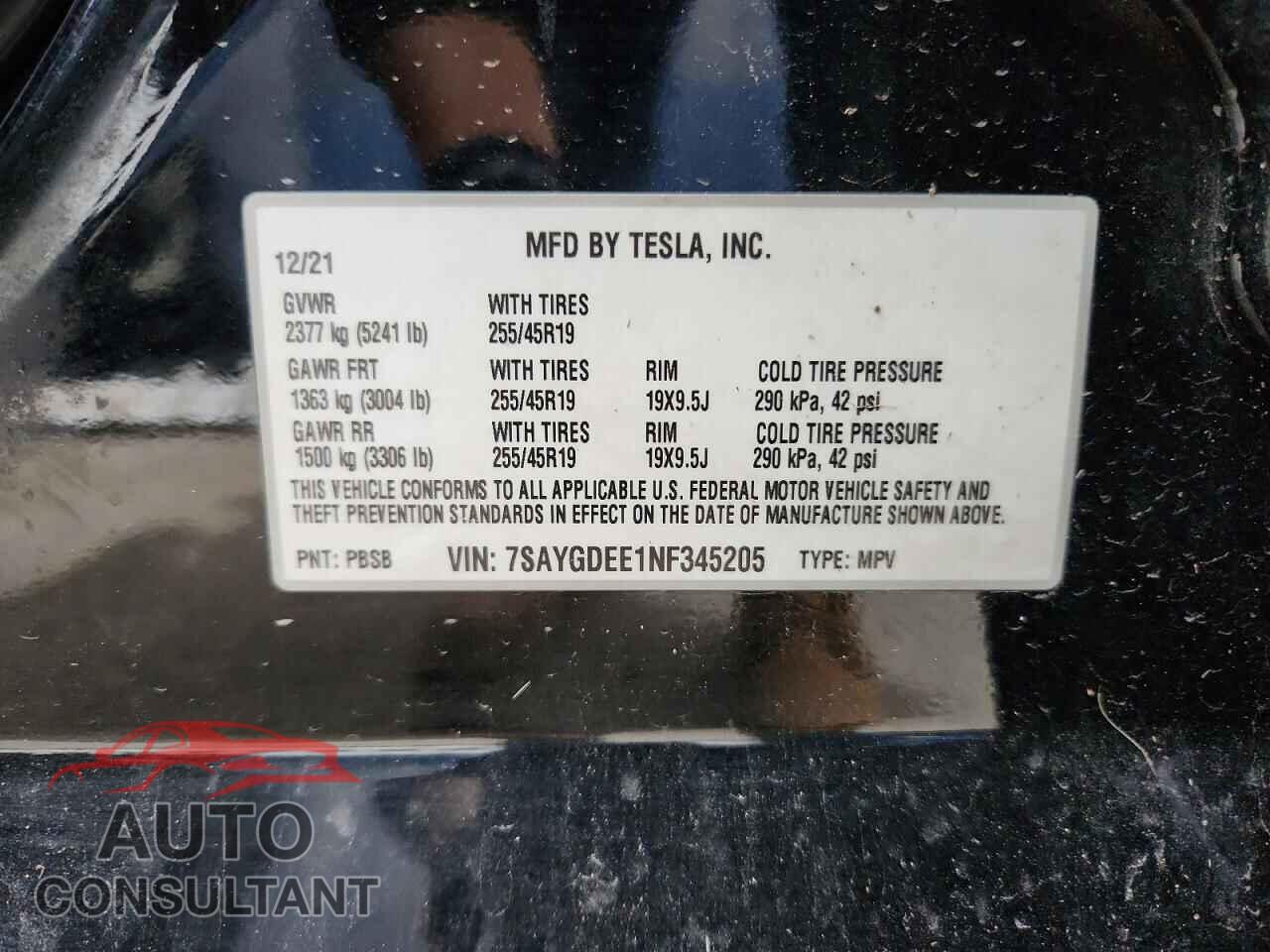 TESLA MODEL Y 2022 - 7SAYGDEE1NF345205