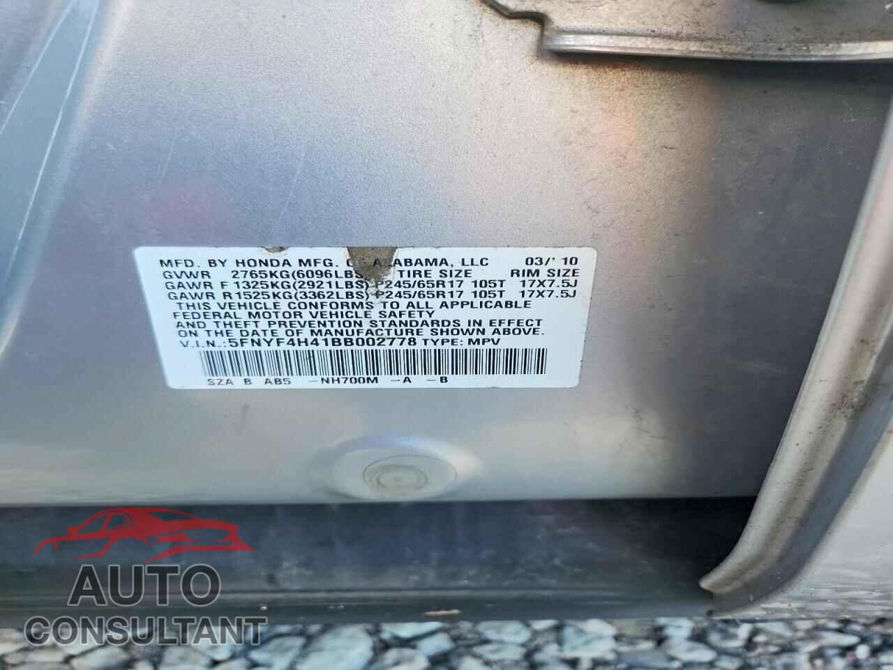 HONDA PILOT 2011 - 5FNYF4H41BB002778