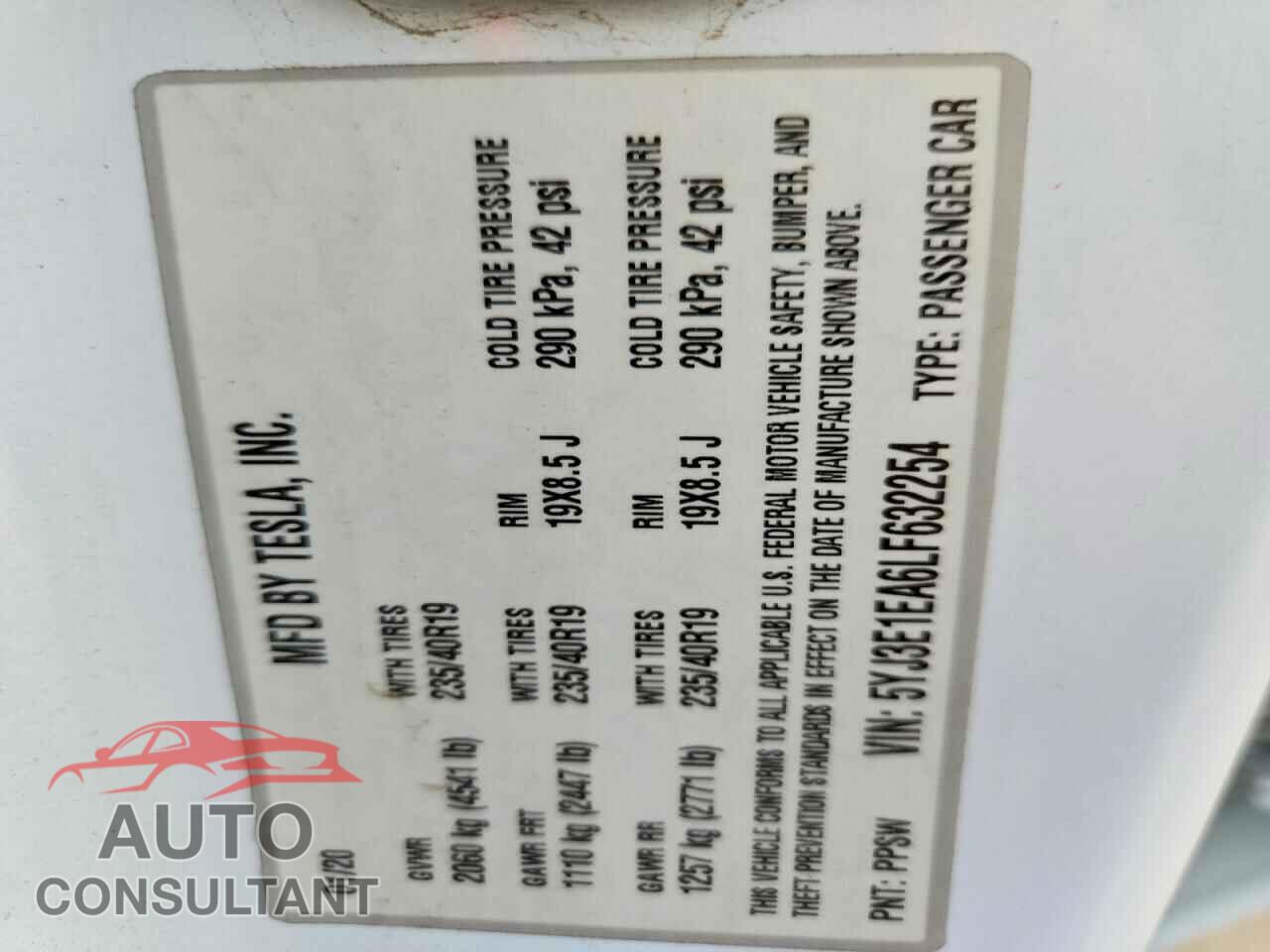 TESLA MODEL 3 2020 - 5YJ3E1EA6LF632254